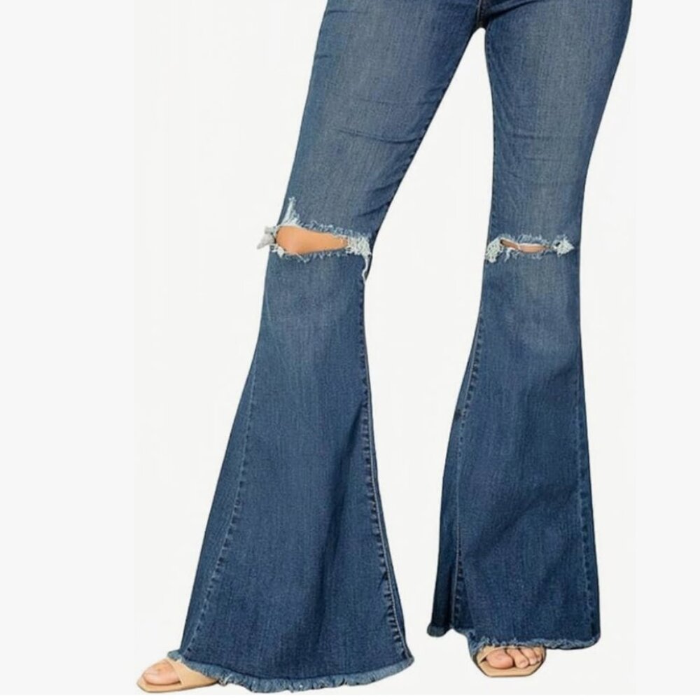 Destroyed Flare Jeans High Waist Stretch Bell Bottom Pants
